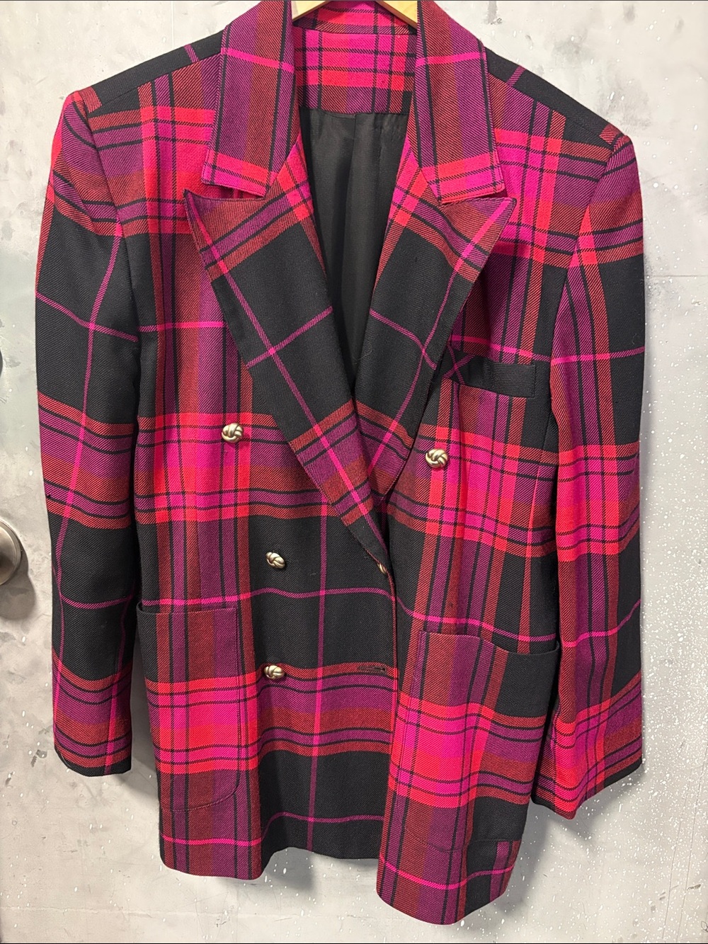 Vintage 80s Women's Double-Breasted Pink Plaid Blazer